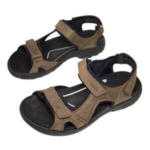 Ecco Mens Sandals Moles 12 US 46 EU Brown Leather Black Comfort Straps Yucatan